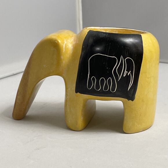 Small Yellow Soapstone Elephant Candle Holder Cute Boho Decor 4 Inches - Picture 2 of 9